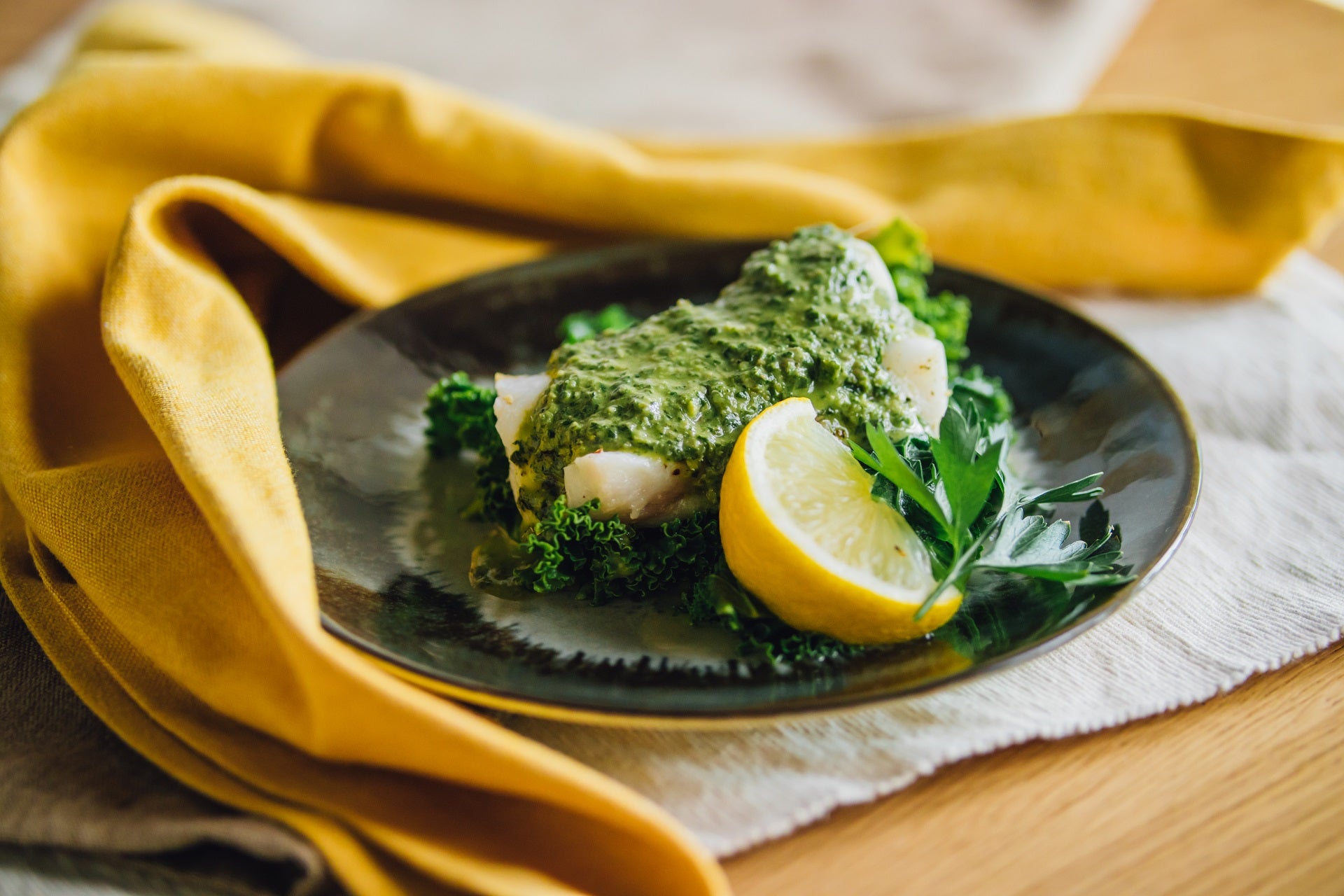 Cod with Salsa Verde and Kale